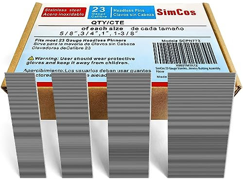 SimCos 23 Gauge Stainless Steel Pinner Nails (5/8,3/4,1,1-3/8) Assorted 4 Sizes' Headless Pin Nails for 23 GA Pneumatic or Electric Pin Nailer or pin Nail Gun,Project Pack (16000)