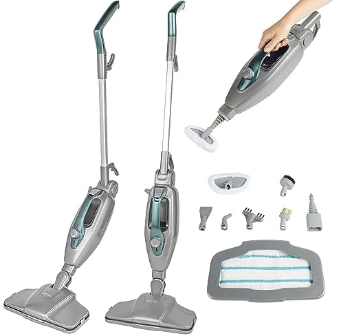 Petra PF01369VDE Scopa a vapore verticale 14 in 1 - portatile, multiuso, pulizia senza prodotti chimici, igienizzante per pavimenti/tappeti/casa, serbatoio da 350 ml, accessori inclusi, 1300 W
