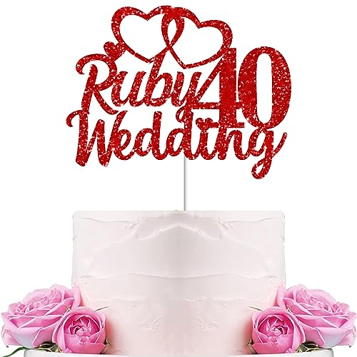 Gidobo 40th Wedding Anniversary Cake Toppers with Heart Cupcake Toppers, Glittery Ruby Weddding Anniversary Heart Cake Decoration for Celebration Party Supplies