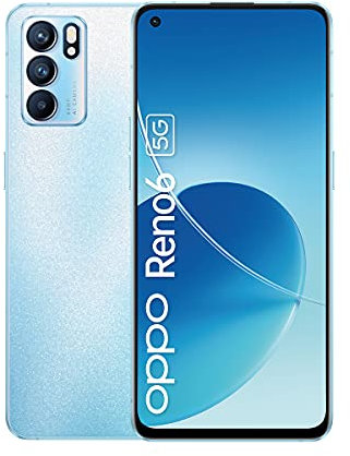 OPPO Reno 6, Smartphone 5G Débloqué, 8 Go RAM + 128 Go, Ecran AMOLED 90Hz 6,43, Caméra 64 MP, Mode 108 MP, 4300 mAh, Design Ultra Fin et Léger, Bleu [version FR] (Reconditionné)