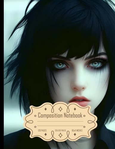 Composition Notebook College Ruled: White Girl with Messy Medium Cut Black Hair and Emo Makeup, Ideal for Writing, Size 8.5x11 Inches, 120 Pages