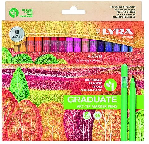 LYRA Graduate Art-Tip Fasermaler, geruchsneutrale wasserbasierte Tinte, hergestellt aus 64% biobasiertem Kunststoff aus Zuckerrohr, 36 sortierte Farben