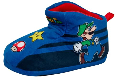 Super Mario Kinderhausschuhe, Stiefel für Jungen und Mädchen, Nintendo-Spielerhausschuhe, Hausschuhe, Fleece-Schlupfstiefel, blau, 26 EU