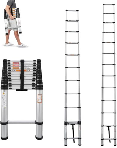 3.8M Teleskopleiter, Aluminium Ausziehleiter mit Anti Rutsch Füßen, Schwere Teleskopleiter, 150kg Belastbarkeit, für Innen und Außenarbeiten