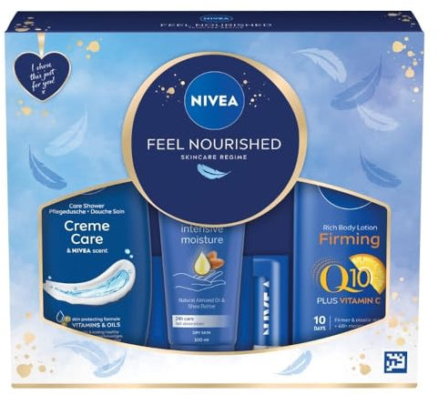 NIVEA Feel Nourished Gift Set (4 Products), Skincare Women's Gift Set with NIVEA Shower Cream, Firming Body Lotion, Intensive Moisture Hand Cream and Caring Lip Balm