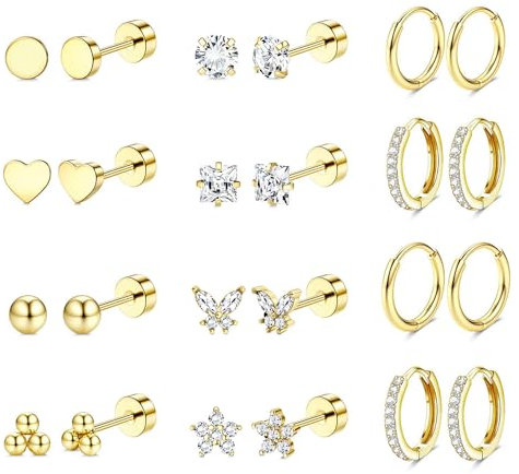 Jstyle Hypoallergenic Surgical Steel Earrings for Sensitive Ears 14K Gold Flat Back Earrings for Women Men Small Stainless Steel Earrings Flatback Stud Hoop Cartilage Earring Set for Multiple