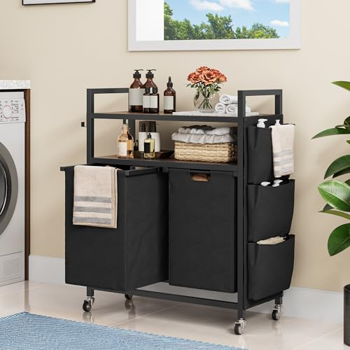 YITAHOME Laundry Basket, Industrial Laundry Hamper with Shelves Floorstanding Washing Basket with 2 Pull-Out and Removable Bags Laundry Sorter for Bathroom Bedroom Laundry Room Dorm