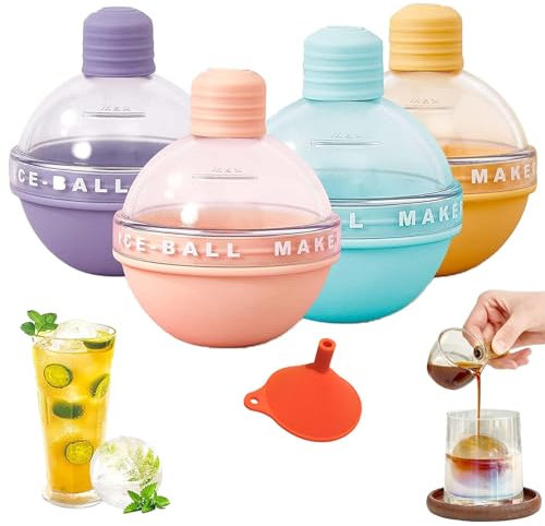 Exbrith 4 Piece Ice Cube Tray Ball Silicone with Lid, Round Ice Cube Tray, Food Grade Ice Cube Tray, for Beer, Whisky, Cocktails, Coffee, Drinks