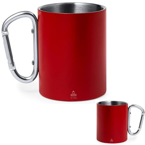 noTrash2003, set di 2 tazze termiche a doppia parete in acciaio inox da 300 ml, con moschettone per il fissaggio allo zaino, ideale per campeggio, escursionismo e attività all'aperto (Rosso)