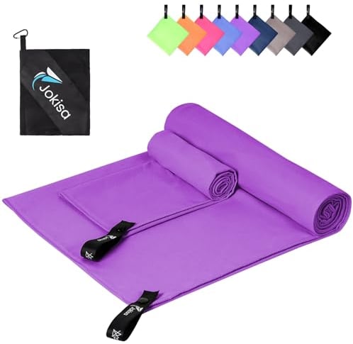 Jokisa Mikrofaser Handtuch 2er Set, 180X90cm Strandtuch Mikrofaser + 80X40cm Sporthandtuch, Schnelltrocknendes & Sandfrei Handtücher für Outdoor Sauna Strand Trekking (Lila)