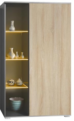 Vladon Vitrine Davos, Made in Germany, Standvitrine mit 3 Glasböden und 8 Fächer inkl. LED, Anthrazit matt/Eiche sägerau (71,5 x 134 x 35 cm)