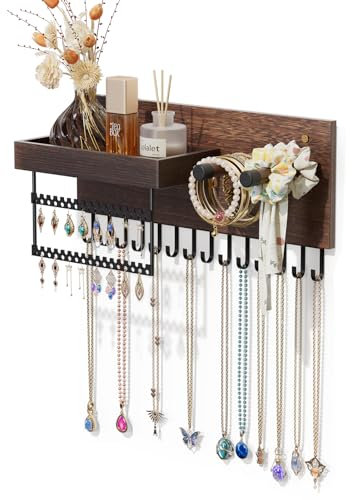 Lolalet Présentoir Bijoux Mural, Porte Bijoux Bois Suspendu, Porte Boucles d’Oreille Colliers Bracelets Bagues Parfum -Naturel