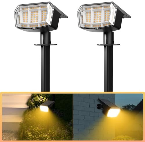 Solpex Solarstrahler für Außen, IP65 Wasserdicht Solarlampen für Außen Garten, 63 LEDs, 3 Beleuchtungsmodi, Strahler für Hof, Garten, Haus, Garage, Weg, Warmweiß, 2 Stück