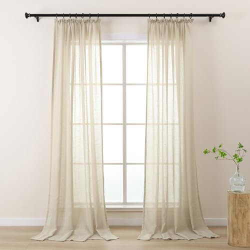 L.Z.E Vorhänge Beige mit Kräuselband, Vorhang für Schiene, 2er Set Transparent Leinenoptik Gardinen für Schlafzimmer & Kinderzimmer, 130 x 225 cm Lang, Gardine für Schienensystem, Gardinenschal Weich