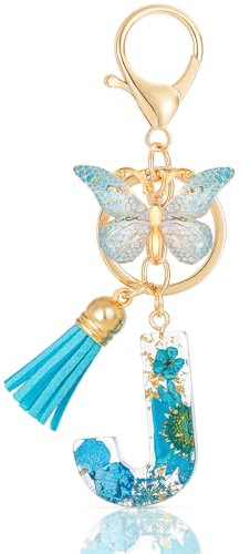 MWOOT Letter Keychain Initiale Schlüsselanhänger Buchstabe J,Alphabet Harz Blume Key Chain mit Schmetterling Quaste Anhänger Handtasche Geldbörse Charm,Blau Blütenblatt Keyring für Frauen (J)