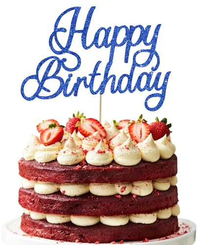 RIBBOOO 1 Pack Blue Happy Birthday Cake Topper Glitter Cake Decoration for Men, Women and Parties