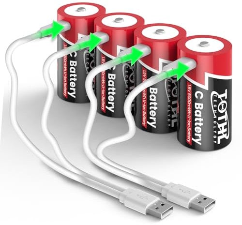 【4 Stück】 Aufladbare Baby C Akku USB 2 in 1 Lithium C Batterien Ladekabel, C Cell Li-ion Battries, LR14 1.5V C Size Cell Battery Replacement 5000mWh für Flutlicht Spielzeug (4 Stück)