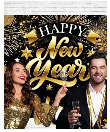 FIESTAS GUIRCA | Silvester Photocall Schwarz und Gold (220x150 cm) - Dekoration für Neujahrsfeiern - Ideal für Themenfeiern und Events - Schwarz und Gold, Happy New Year