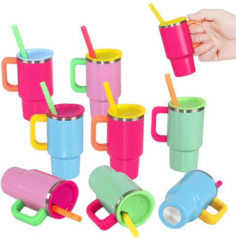 LSBIYUTEFO Mini Tumbler Shot Glass with Straw and Lids Handle, 3.5 oz Cute colorful Stainless Steel Insulated Sublimation Small Tumbler Cup for Drink Cocktail Bar Beach Party Gift (8 Packs)