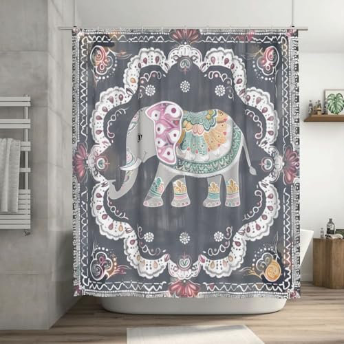 Mexpekil Duschvorhang 183 x 183 cm Elefant indisches Mandala wasserdichte Badezimmervorhänge mit 12 Kunststoffhaken Polyestergewebe Duschvorhänge für Badezimmer Badewanne