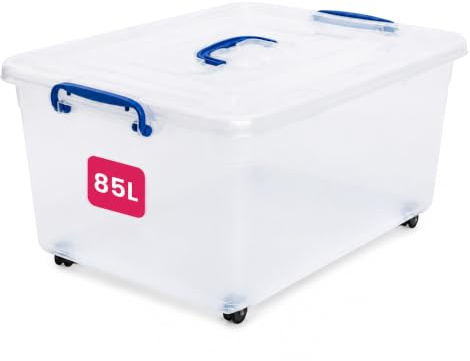 STL Heavy-Duty Clear Plastic Storage Box with Lid And 4 Wheels, Stackable Storage Container for Home, Office, Kitchen, Toys, and Goods, Secure Clip-Lock Lid, Durable & Transparent Design (85ltr)