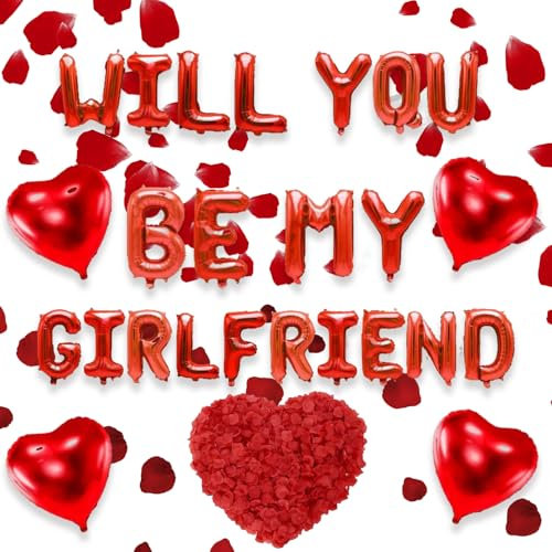 Juego de Globos y Cartas ¿Quieres ser mi Novia?, Corazón, Pétalos de Rosa, Decoraciones para la Propuesta de Matrimonio para el Día de San Valentín, Confesión (Rojo)