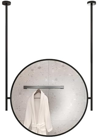TZUFA Rund Spiegel, Badezimmerspiegel mit Metallstange, Decken-Kosmetikspiegel, Metallrahmen Schminkspiegel für Hotels, Schwarze Dekoration 50 cm/60 cm/70 cm(60CM)
