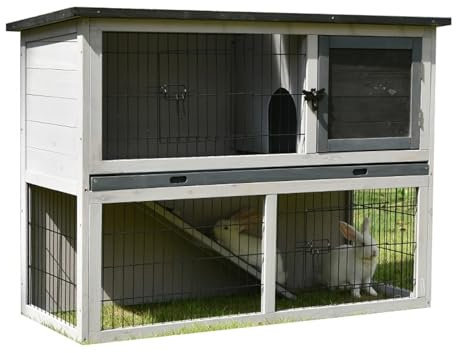 42,5 Zoll großer Kaninchenstall, Hasenstall aus Holz, Meerschweinchenkäfig, Hühnerstall mit Auslaufbereich, abnehmbarem Tablett, Asphaltdach, verschließbaren Türen und Rampe