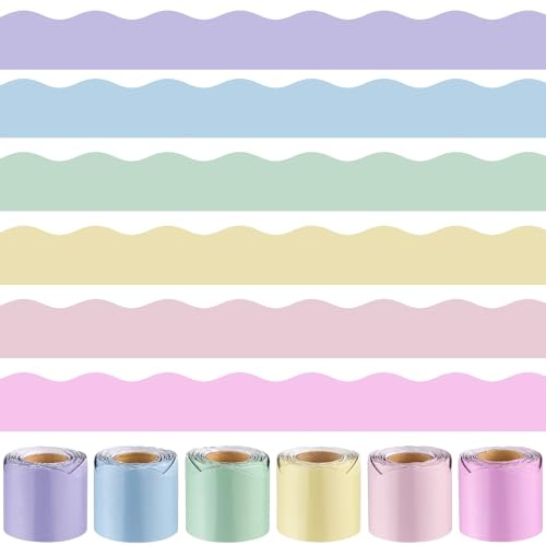 Lot de 6 rouleaux de bordures de tableau d'affichage pastel, 73 m, bordure festonnée roulée pour salle de classe, école, bureau, tableau noir mural (12,2 m par rouleau)