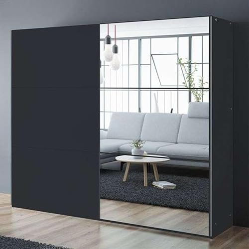 Gaba furniture Premium V1 250 cm Black Sliding Door Wardrobe with Mirror Widths 122/150/200/250 cm Living Room Wardrobe with 2 Hanging Rails Colours White/Black/Graphite