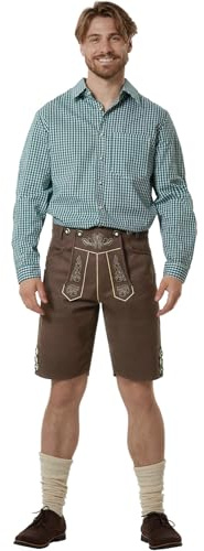 dressforfun Trachtenhose kurz, vegane Lederhose Herren, Trachtenlederhosen für Herren aus Kunstleder, Oktoberfest Hose mit Hosenträger, Trachten Optik mit traditioneller Stickerei