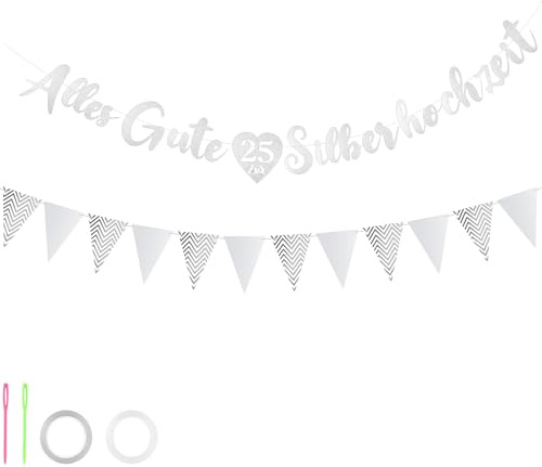Alethron Silberhochzeit Deko Girlande Glitzer Alles Gute zur Silberhochzeits Banner, 25 Jahre Silberhochzeit für Tischdeko Servietten Streudeko Geschenk Freunde