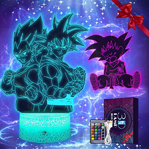 2 en 1 Goku&Vegeta nocturna 3D ,Lámpara de cabecera Anime,Control remoto 16 colores cambio LED ilusión lámpara y arte deco lámpara para niño niña dormitorio decoración regalo cumpleaños Navidad