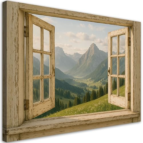 Feeby Leinwand Bilder - Bild Wohnzimmer - Fensterblick Berge Shabby Chic - 100x70 1tlg - Deko Schlafzimmer Groß - Dekoration Canvas - Gemälde - Modern Wandbilder - Kunstdruck