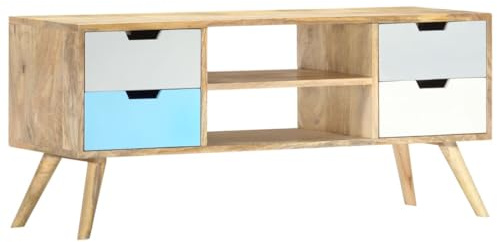 QJBSAVVA Mango Wood TV Cabinet 110 x 35 x 48 cm Brown Multicolour, Solid Retro TV Stand Unit with 4 Drawers & 2 Compartments, Modern Sideboard for Living Room Bedroom Corridor