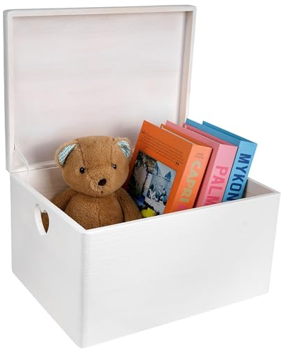 Creative Deco Weiße Holzkiste mit Deckel | 40x30x24 cm Erinnerungsbox Baby | (+/-1cm) Groß Holzbox Kasten | Herzförmige Griffe | Für Dokumente Weihnachten Spielzeuge Werkzeuge
