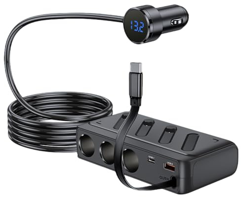 Dexumodbk 142W Car Cigarette Lighter USB Charger with 3 Socket Extender and Retractable Type-C Cable,12V/24V USB C Adapter Multi Port PD Power Outlet Phone Rapid Charging,Independent Switch and LED Vo