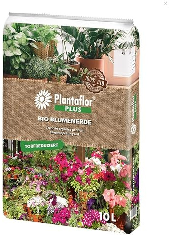 Plantaflor Plus Bio Blumenerde, Torfreduziert, Organische Blumenerde, 10 Liter, Braun