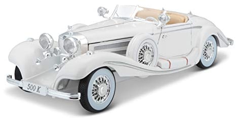 Bauer Spielwaren 36055-00000009 Maisto Mercedes 500 K Maharadjah, Modellauto mit Federung, Maßstab 1:18, Türen und Motorhaube beweglich, Fertigmodell, lenkbar, 24 cm, weiß (536055)