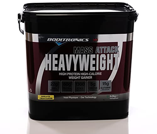 Boditronics Mass Attack Heavyweight Mass Gainer Powder for High Protein and High-Calorie Weight Gainer Protein Powder with 5g Creatine, BCAA, Glutamine and Beta Alanine (Vanilla Ice Cream)