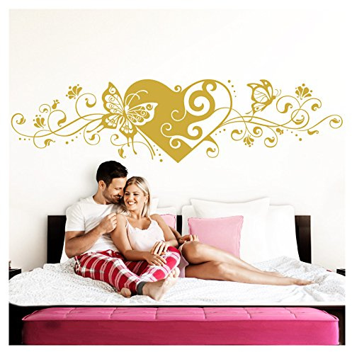 Grandora Wandtattoo Blumenranke Herz selbstklebend I Gold 150 x 38 cm I Schlafzimmer Liebe Love Schmetterlinge Wandtatoo Wandaufkleber Wandsticker W642