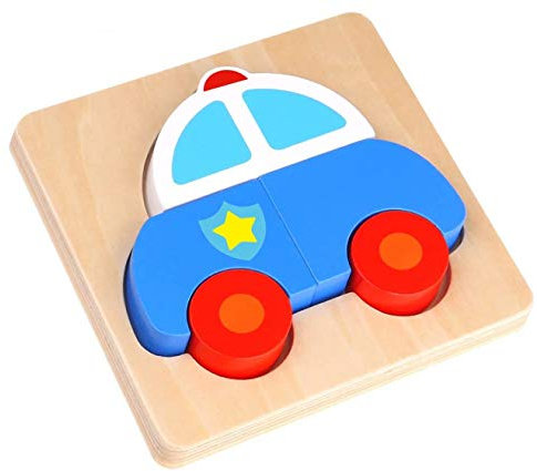 Tooky Toy Mini Puzzle mit Fortbewegungs-Motiven Holzspielzeug zur Schulung von Motorik für Kinder ab 3 Jahren (Polizeiauto)