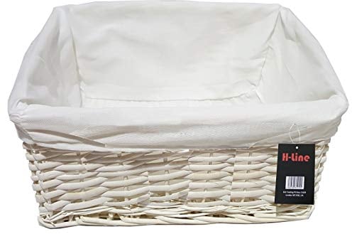 H-LINE SMALL White Wicker Willow Storage Basket with Cloth Lining Ideal for Christmas/Easter/Newborn Gift Hamper, Make Your Own Hamper
