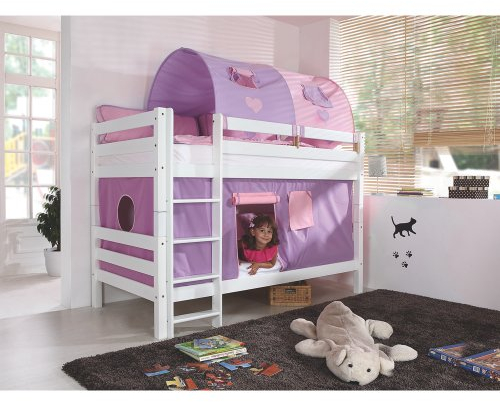 Relita Etagenbett Bea, Buche massiv, weiß lackiert mit Stoffset lila-rosa