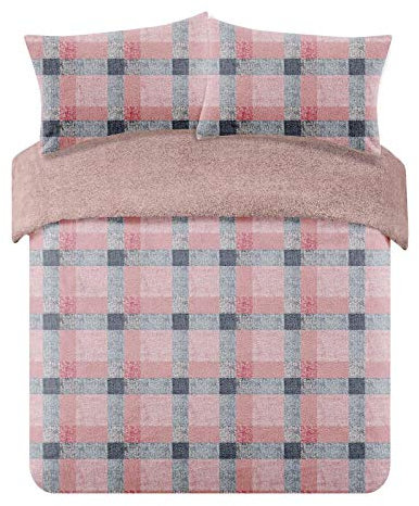 Dreamscene Check Teddy Duvet Cover with Pillowcase Super Soft Fleece Fluffy Winter Tartan Bedding - Blush Pink Grey Single Duvet Cover set