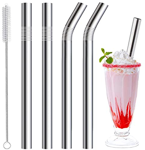 Vinaco Milkshake Straws 10mm Wide Straws, 4 Pack Stainless Steel Straws 266mm & 216mm Long Straw with 1 Straw Cleaner, Reusable Metal Straw for Milkshake, Smoothie and Jumbo Thick Drinks