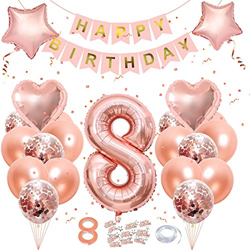 8th Birthday Decorations for Girl, 8 Balloons for Girl, Rose Gold Number 8 Balloons for Girl, Age 8 Birthday Balloons Decorations, 40 Inch Number 8 Balloon - Rose Gold