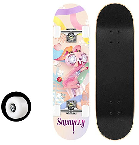 Skateboard Rosa Kaninchen Skateboard Kinder ab 8 Jahre 80x20cm 7-Lagigem Ahornholz Longboard Double Kick Komplett für Anfänger Jungen Mädchen Erwachsene Profi Penny Board