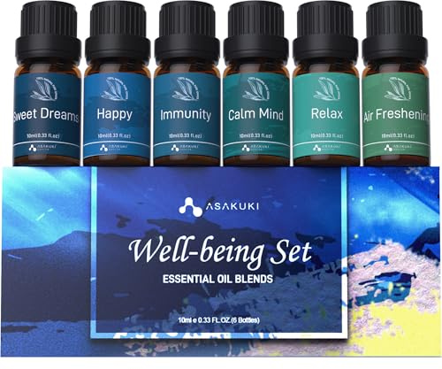 ASAKUKI Essential Oils, Essential Oil for Diffusers for Home, Well-Being Kit Gifts for Mom- Calm Mind, Sweet Dreams, Happy, Relax, Air Freshening, Immunity for Aromatherapy, Humidifiers, 6x10ml