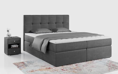 MKS MEBLE Boxspringbett 160x200 mit Bettkasten Grau Samt, Bett mit Matratze H3 Topper, Polsterbett 160x200 mit Bettkasten Kopfteil, Boxspringbett mit Matratze H3, RICO Dunkelgrau Velvet